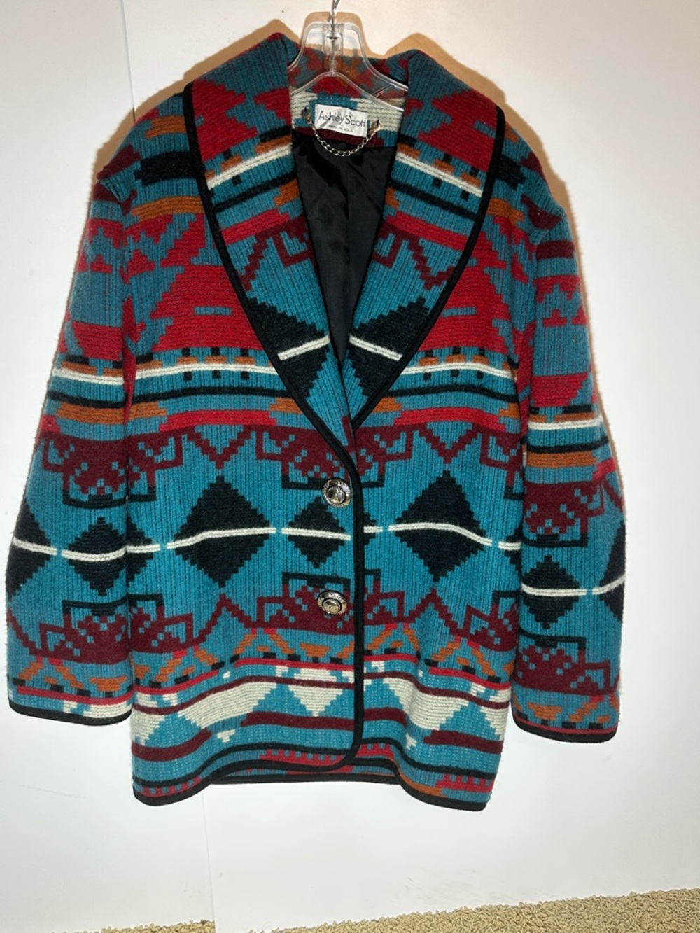 Ashley Stewart Teal & Burgundy Southwestern Knit Blazer